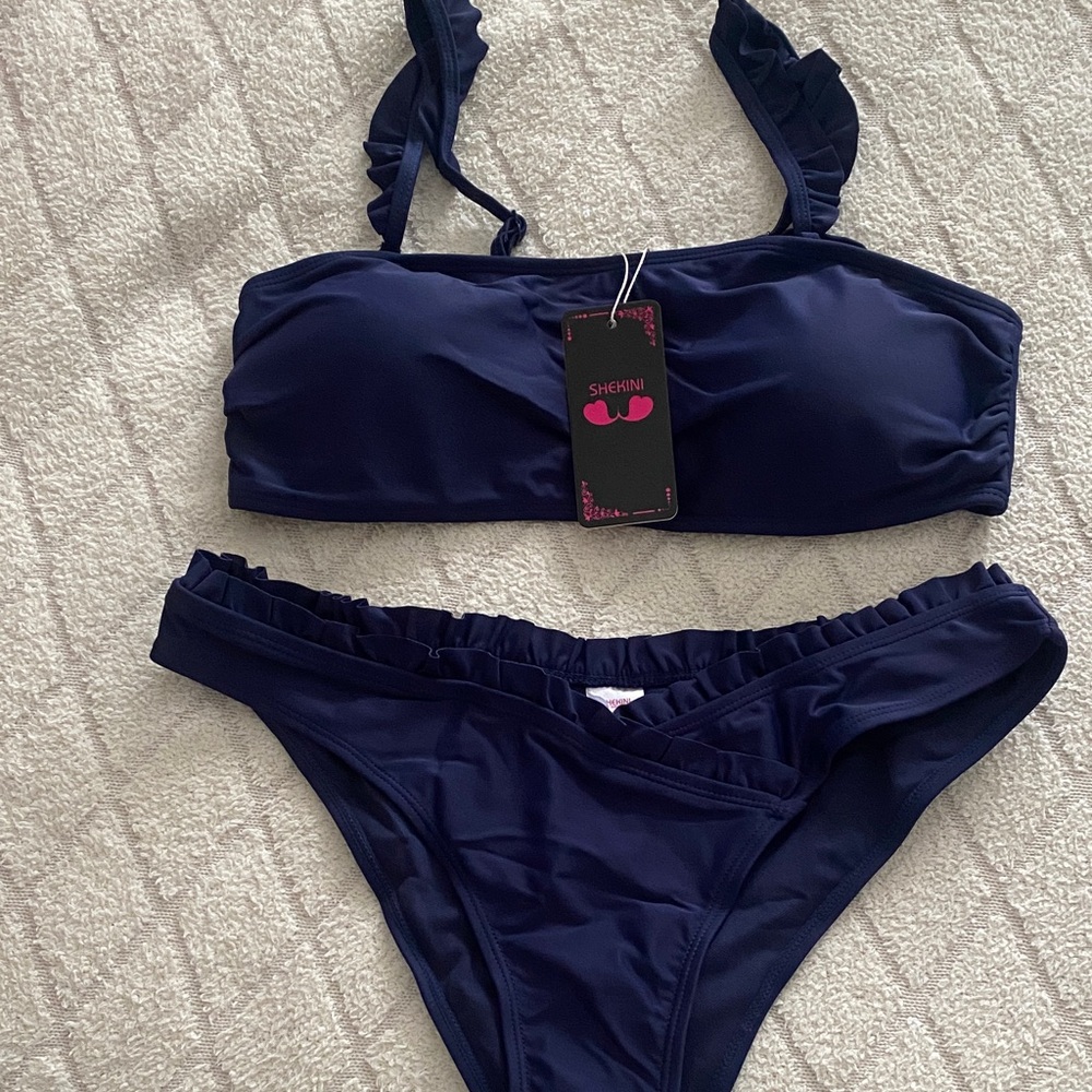 Dark Blue Bikini with Ruffle Accents